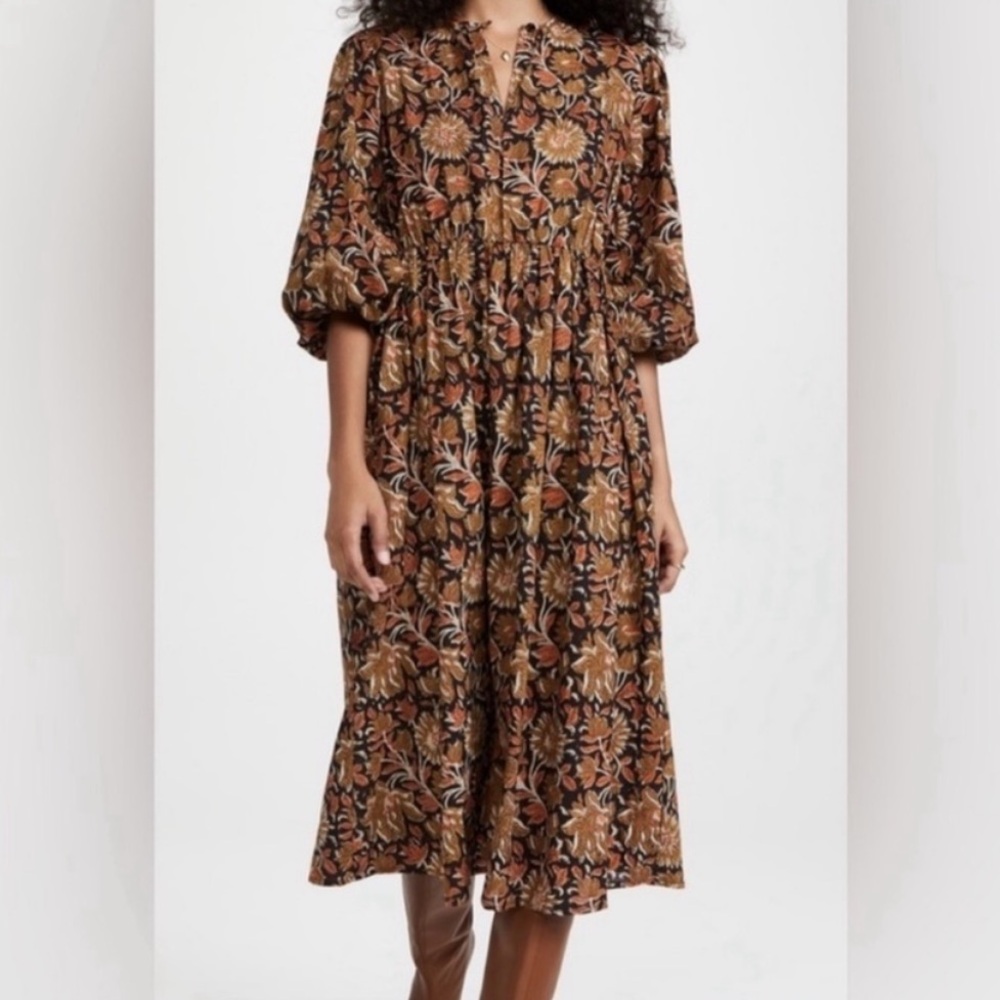 Mille Celeste Brown Midi Dress with Puff Sleeves